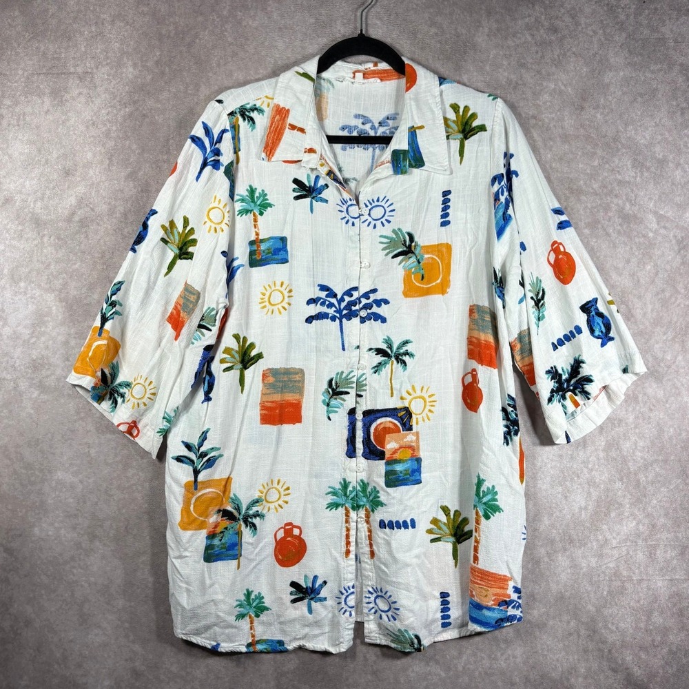 Label Of Love Shirt Dress Swim Coverup Womens XL White Palm‎ Tree Linen Blend